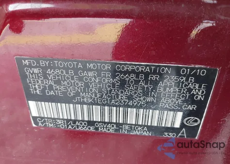 2010 Lexus Es 350 из США, поврежденный, VIN JTHBK1EG1A2374975